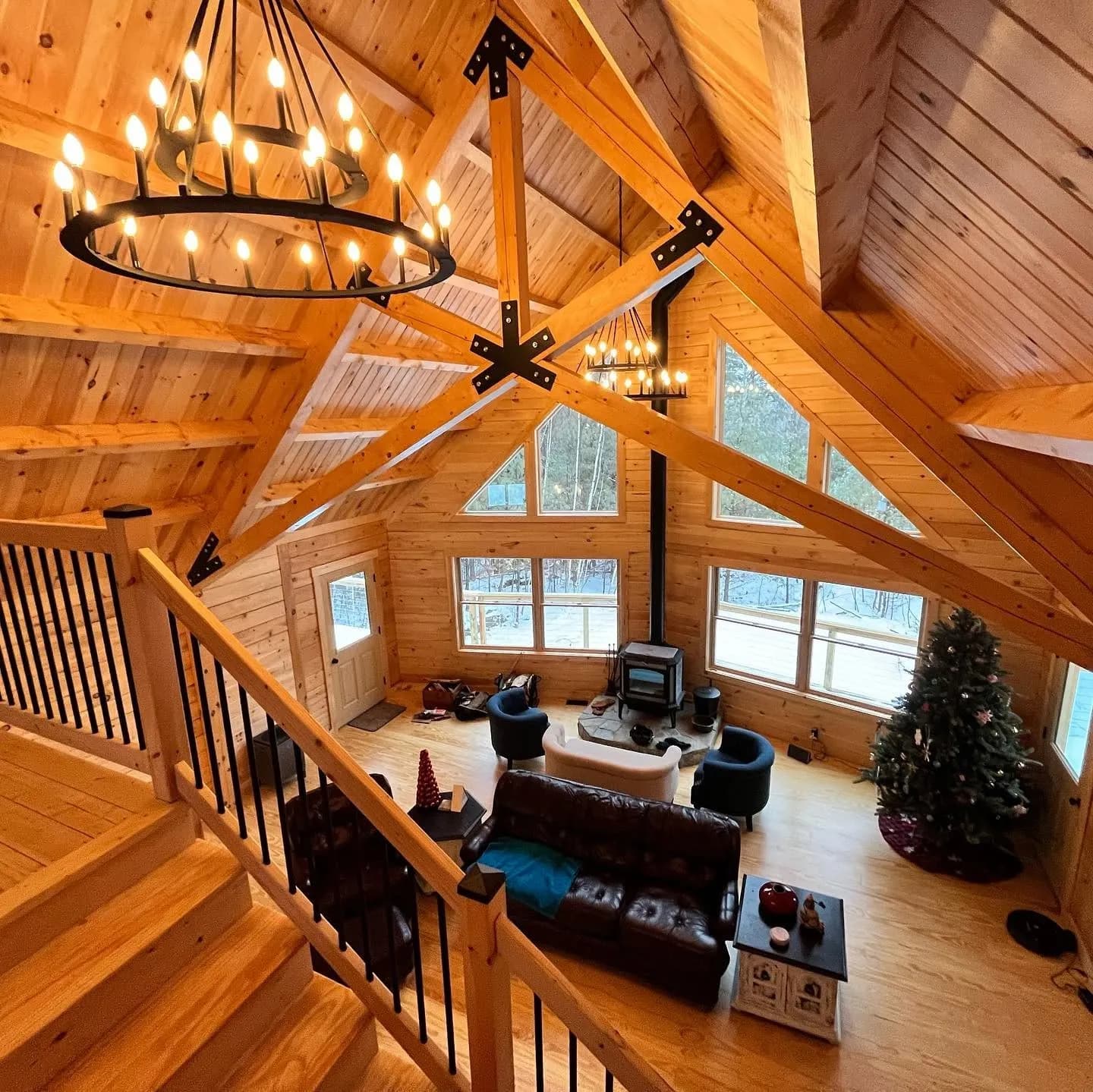 Timber-frame great room with loft — Design/Build project in Lakes Region, NH by A&E Home Improvement
