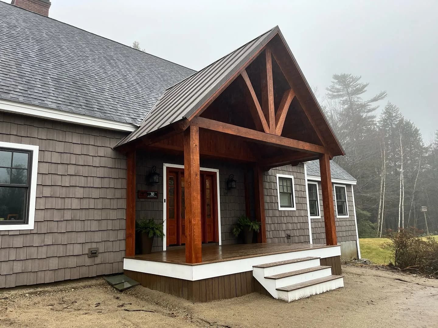 Timber-frame entry porch with shake siding — Design/Build project in Central NH by A&E Home Improvement