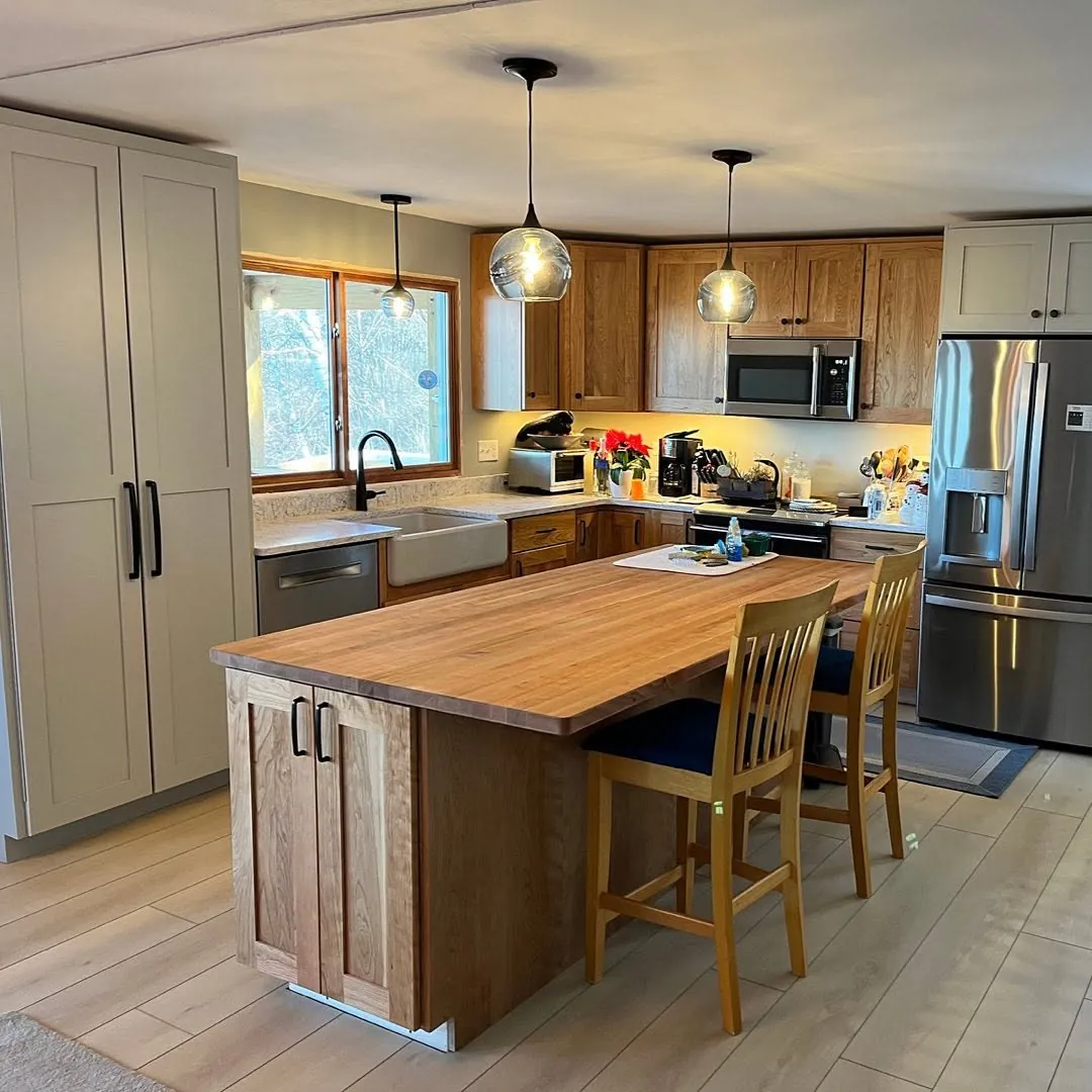 Kitchen remodel with butcher-block island — General Contracting project in Central NH by A&E Home Improvement
