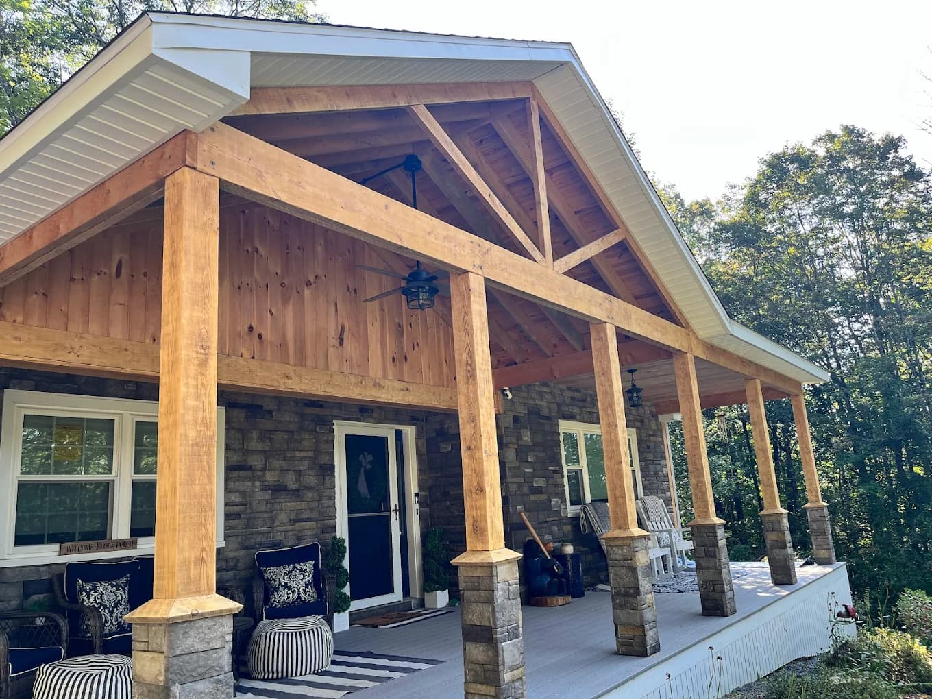 Covered timber-frame porch — Design/Build project in Central NH by A&E Home Improvement