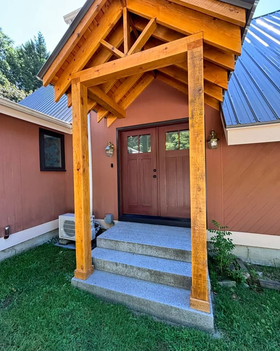 Timber-frame entry porch and fiberglass double door — Design/Build project in Central NH by A&E Home Improvement