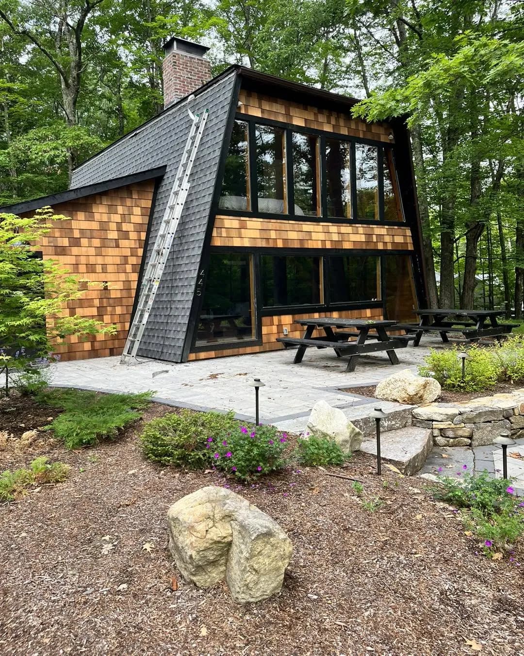 A-frame chalet in new shingle siding — Siding project in Lakes Region, NH by A&E Home Improvement