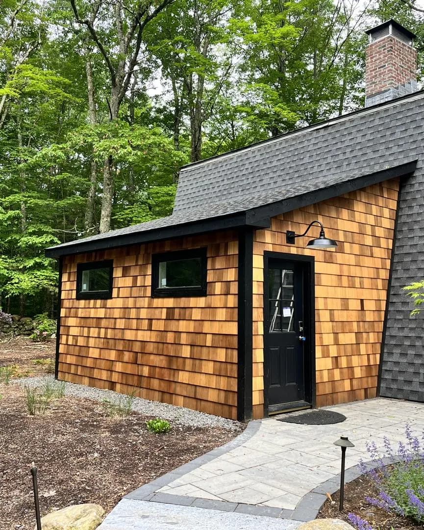 Cedar shake mudroom entry — Siding project in Lakes Region, NH by A&E Home Improvement